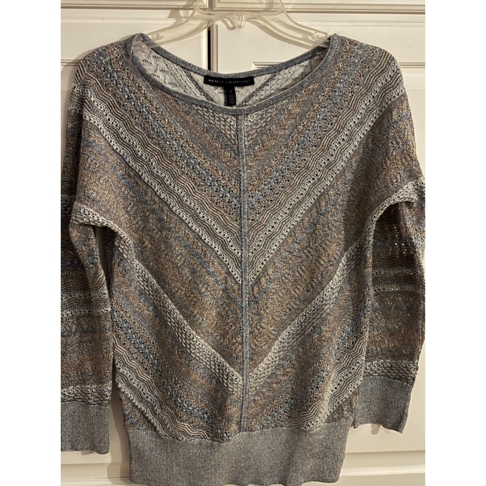 White House Black Market Metallic Chevron Pointelle Knit Sweater Silver Blue S
